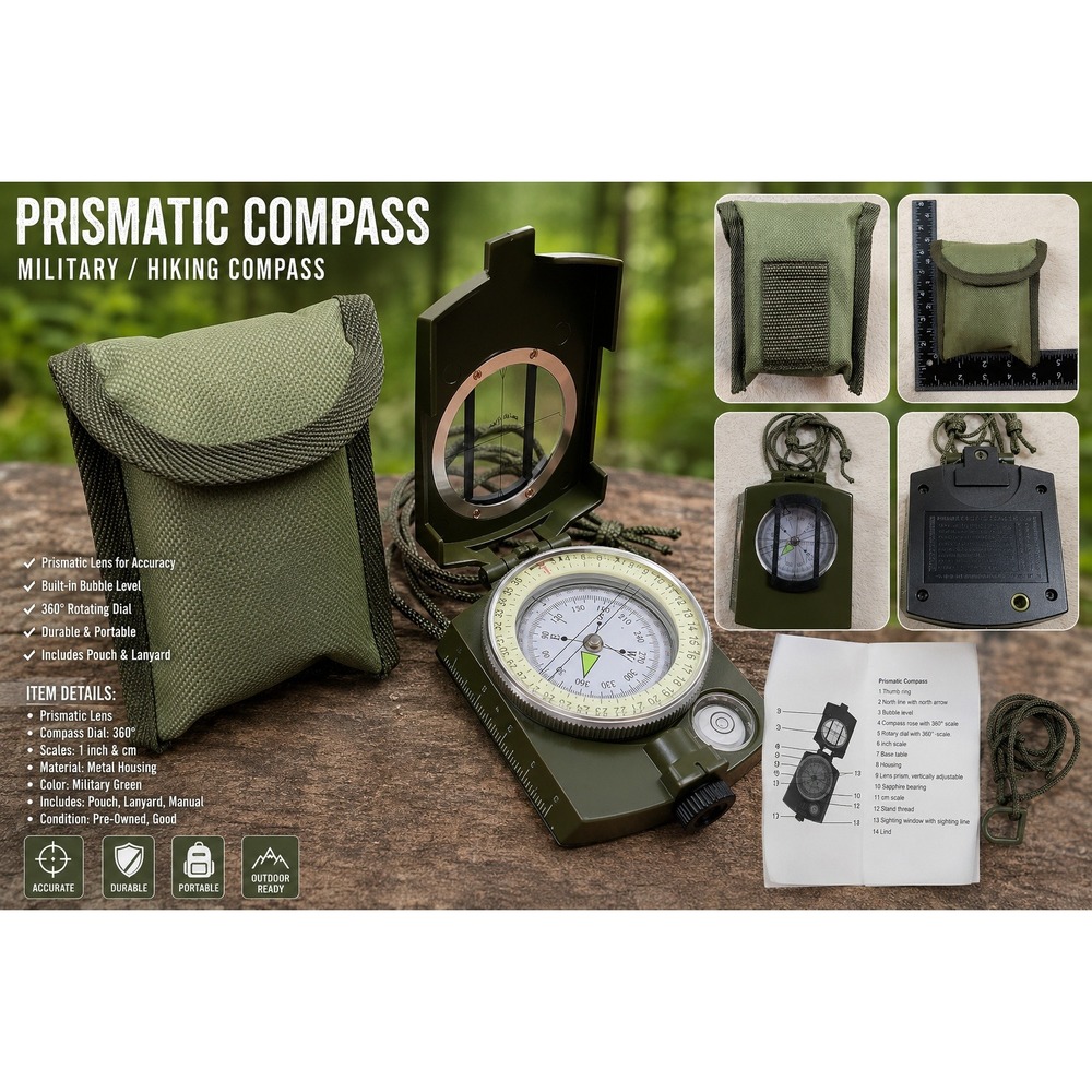 Military Prismatic Sighting Compass Olive Green Metal Hiking Survival Gear Pouch